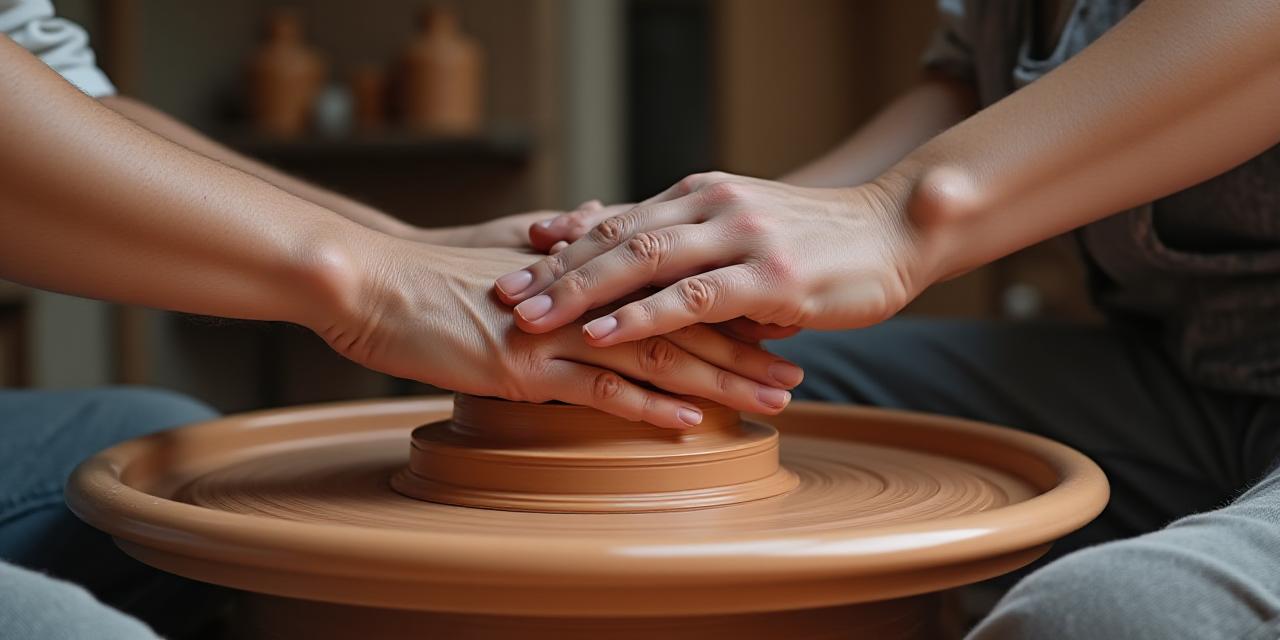 Mani che lavorano l'argilla in un workshop familiare
